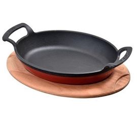 Сковорода овальная чугунная с 2-мя ручками на деревянной подставке, 23*17 см, LAVA, фото 