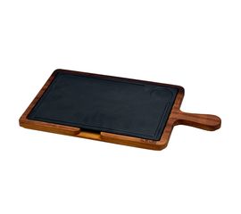 Блюдо чугунное прямоугольное на деревянной подставке с ручкой, 22*33 см, LAVA, фото 