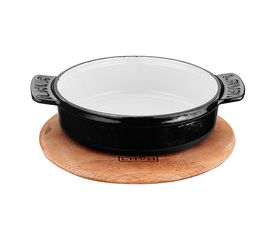 Кастрюля чугунная эмалированная синяя без крышки на деревянной подставке, 14 см, LAVA, фото 