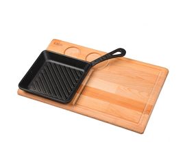 Набор для подачи: сковорода квадратная чугунная на деревянной подставке, 16*16 см, LAVA, фото 