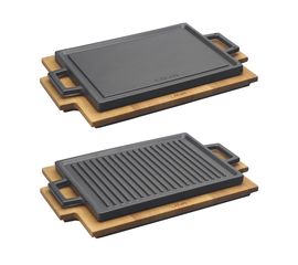 Сковорода-гриль чугунная с 2-мя ручками на деревянной подставке, 20*30 см, LAVA, фото 