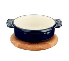 Сковорода чугунная эмалированная синяя на деревянной подставке, 11 см, LAVA, фото 