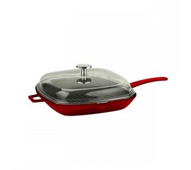 Сковорода-гриль чугунная эмалированная красная с крышкой, 26*26 см, LAVA, фото 