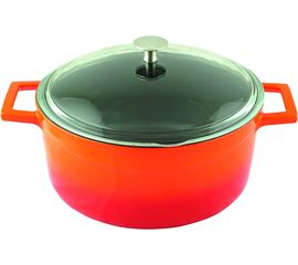 Кастрюля чугунная эмалированная оранжевая со стеклянной крышкой, 28 см, LAVA, фото 