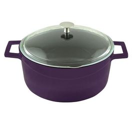 Кастрюля чугунная эмалированная фиолетовая со стеклянной крышкой, 24 см, LAVA, фото 