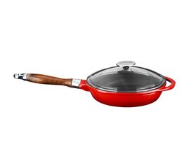 Сковорода чугунная эмалированная красная с деревянной ручкой и стеклянной крышкой, 24 см, LAVA, фото 