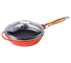 Сковорода чугунная эмалированная красная с деревянной ручкой и стеклянной крышкой, 28 см, LAVA, фото 