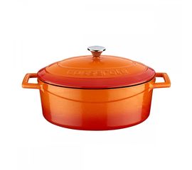 Кастрюля овальная чугунная эмалированная оранжевая с крышкой, 25x20 см, LAVA, фото 