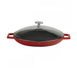 Сковорода чугунная эмалированная красная с 2-мя ручками со стеклянной крышкой, 30 см, LAVA, фото 
