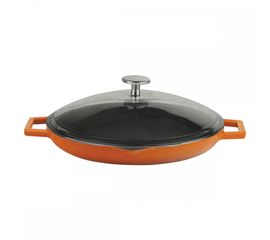 Сковорода чугунная эмалированная оранжевая с 2-мя ручками со стеклянной крышкой, 30 см, LAVA, фото 
