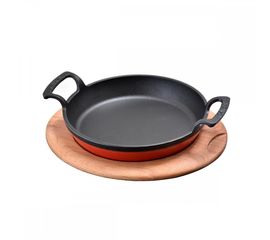 Сковорода круглая чугунная с 2-мя ручками на деревянной подставке, 16 см, LAVA, фото 