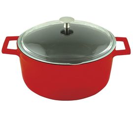 Кастрюля чугунная эмалированная красная со стеклянной крышкой, 28 см, LAVA, фото 