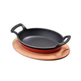 Сковорода овальная чугунная с 2-мя ручками на деревянной подставке, 19*14 см, LAVA, фото 
