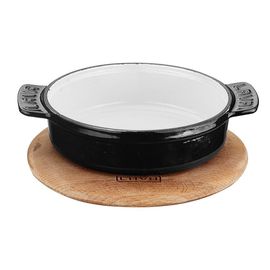 Кастрюля чугунная эмалированная синяя без крышки на деревянной подставке, 17 см, LAVA, фото 