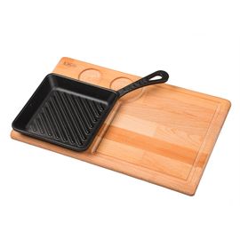 Набор для подачи: сковорода квадратная чугунная на деревянной подставке, 16*16 см, LAVA, фото 