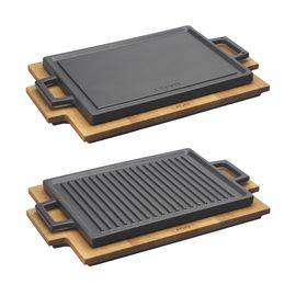 Сковорода-гриль чугунная с 2-мя ручками на деревянной подставке, 20*30 см, LAVA, фото 