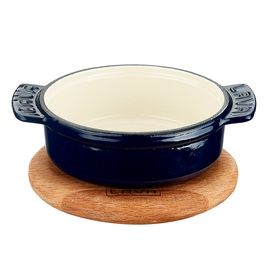 Сковорода чугунная эмалированная синяя на деревянной подставке, 11 см, LAVA, фото 