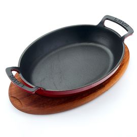 Сковорода овальная чугунная эмалированная красная с 2-мя ручками на деревянной подставке, 27*20 см, LAVA, фото 