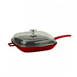 Lava Cast Iron Lava Enameled Cast Iron Iron Steak Grill Pan 12 inch Round Glass Lid Orange Color: Red LV Y Sgt 30 K3 R