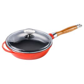 Сковорода чугунная эмалированная красная с деревянной ручкой и стеклянной крышкой, 28 см, LAVA, фото 
