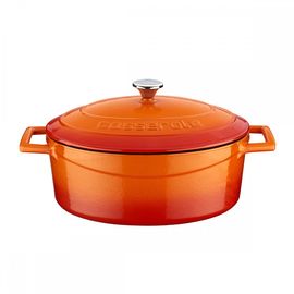 Кастрюля овальная чугунная эмалированная оранжевая с крышкой, 25x20 см, LAVA, фото 
