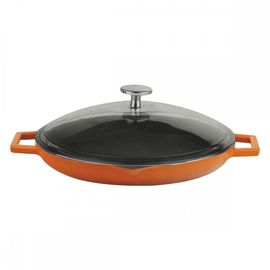 Сковорода чугунная эмалированная оранжевая с 2-мя ручками со стеклянной крышкой, 30 см, LAVA, фото 