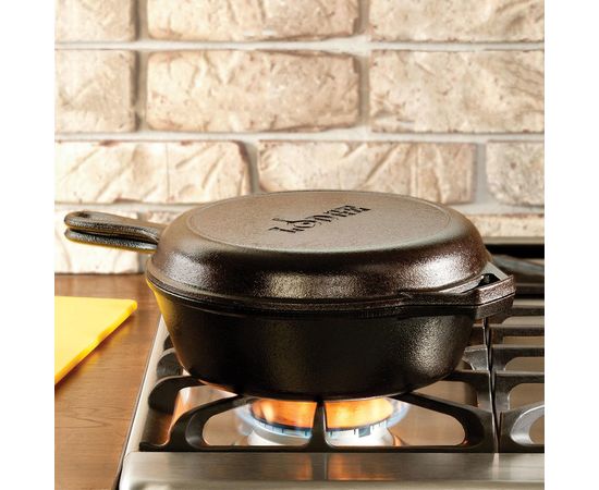 Сковорода глубокая, диаметр: 26 см, объем: 2,84 л + крышка-сковорода, материал: чугун, LCC3, LODGE, США, фото , изображение 7