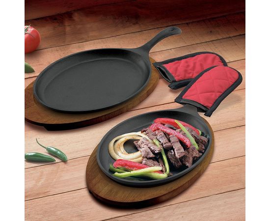 Набор из 3-х предметов: сковорода, диаметр: 25 см, подставка и перчатка, материал: чугун, дерево, LFSR3, LODGE, США, фото , изображение 5