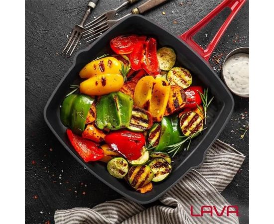 Сковорода-гриль чугунная эмалированная красная, 26х26 см, 1,51 л, LAVA, фото , изображение 2