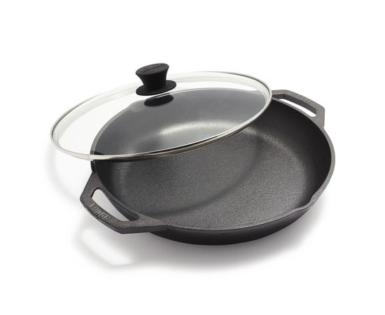 Сковорода с двумя ручками и стеклянной крышкой, Chef Collection 30 см, чугунная, LC12EP, Lodge, фото 