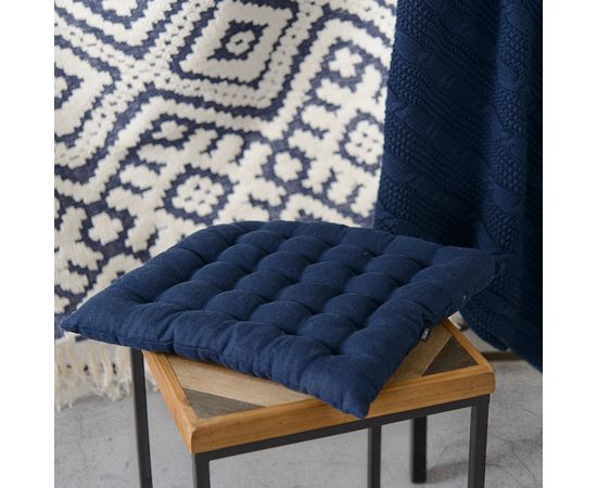 Подушка стеганая на стул из умягченного льна темно-синего цвета Essential, 40х40 см, Tkano, фото , изображение 3