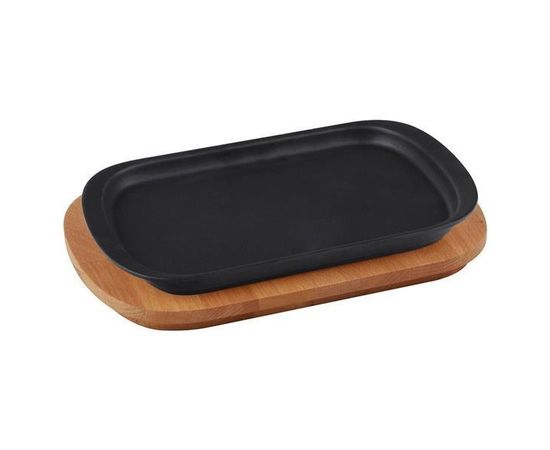 Блюдо чугунное прямоугольное на деревянной подставке, 32*20 см,  LAVA, фото 