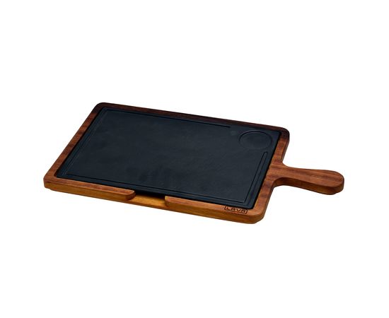 Блюдо чугунное прямоугольное на деревянной подставке с ручкой, 22*33 см, LAVA, фото 