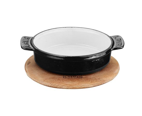 Кастрюля чугунная эмалированная синяя без крышки на деревянной подставке, 17 см, LAVA, фото 