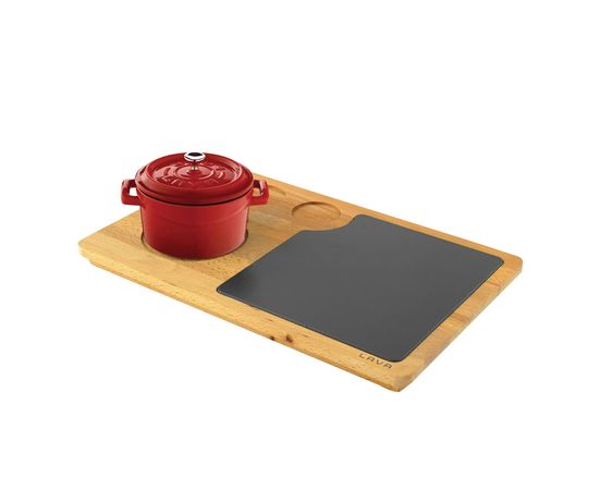 Кастрюля чугунная эмалированная красная с крышкой, на деревянной подставке, 10см, LAVA, фото , изображение 2