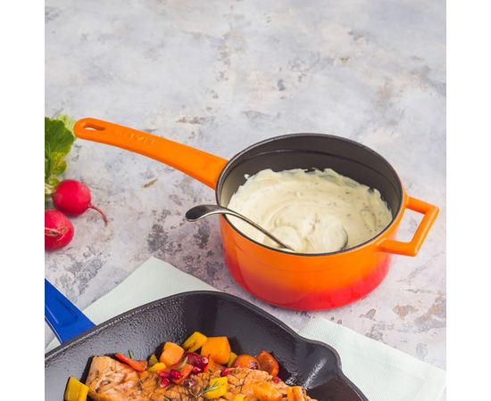 Сотейник с крышкой чугунный эмалированный оранжевый, 16 см, LAVA, фото , изображение 4