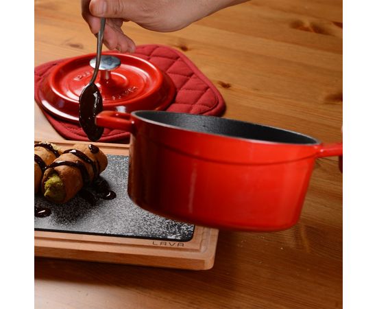 Сотейник с крышкой чугунный эмалированный оранжевый, 16 см, LAVA, фото , изображение 5