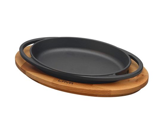 Сковорода овальная чугунная с 2-мя ручками на деревянной подставке, 21*14 см, LAVA, фото 