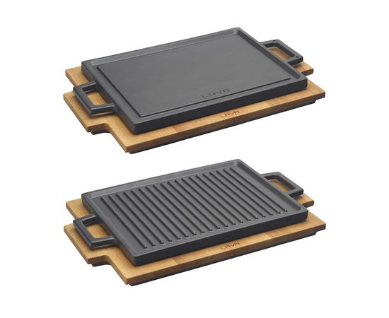 Сковорода-гриль чугунная с 2-мя ручками на деревянной подставке, 20*30 см, LAVA, фото 