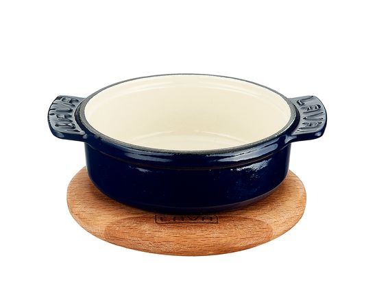 Сковорода чугунная эмалированная синяя на деревянной подставке, 11 см, LAVA, фото 