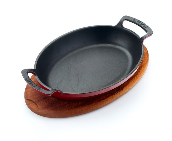 Сковорода овальная чугунная эмалированная красная с 2-мя ручками на деревянной подставке, 27*20 см, LAVA, фото 