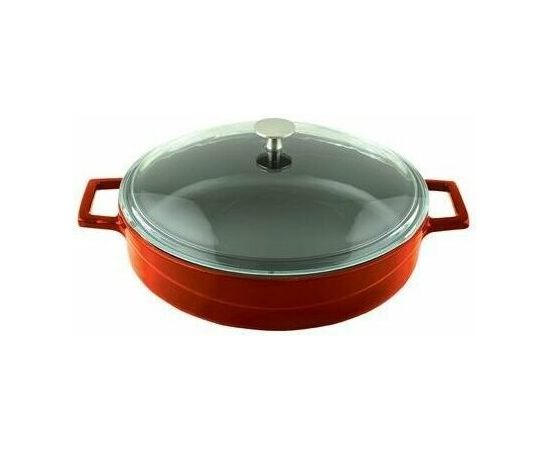 Кастрюля чугунная эмалированная оранжевая со стеклянной крышкой, 24 см, LAVA, фото 