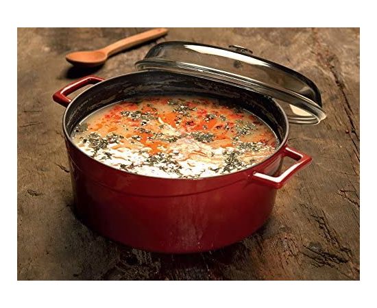 Кастрюля чугунная эмалированная красная со стеклянной крышкой, 28 см, LAVA, фото , изображение 2