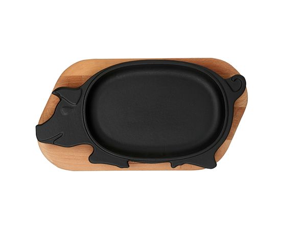 Сковорода чугунная "Свинка" на деревянной подставке, 14*21 см, LAVA, фото , изображение 2