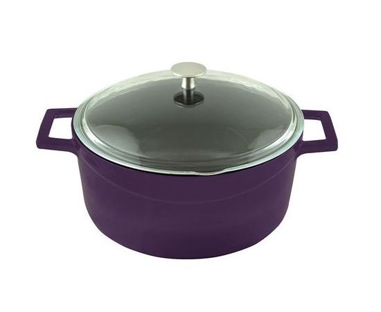 Кастрюля чугунная эмалированная фиолетовая со стеклянной крышкой, 24 см, LAVA, фото 