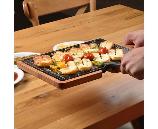 Блюдо чугунное прямоугольное на деревянной подставке, 22*33 см, LAVA, фото , изображение 3