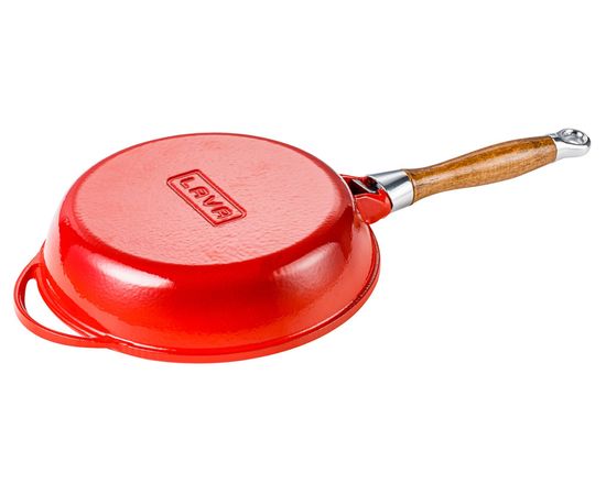 Сковорода чугунная эмалированная красная с деревянной ручкой и стеклянной крышкой, 28 см, LAVA, фото , изображение 4