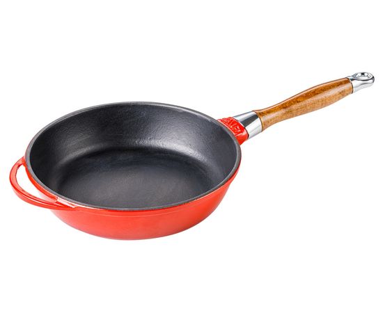 Сковорода чугунная эмалированная красная с деревянной ручкой и стеклянной крышкой, 28 см, LAVA, фото , изображение 5
