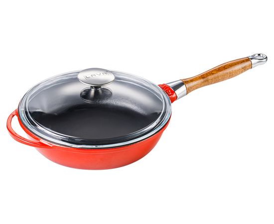 Сковорода чугунная эмалированная красная с деревянной ручкой и стеклянной крышкой, 28 см, LAVA, фото 