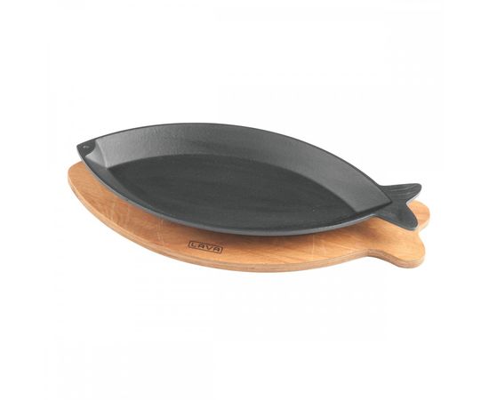 Сковорода чугунная для рыбы на деревянной подставке, 16*32 см, LAVA, фото , изображение 2